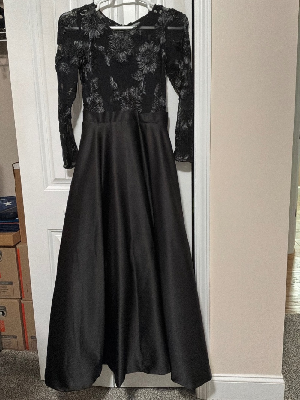 Betsy & Adam soutache petite black formal gown